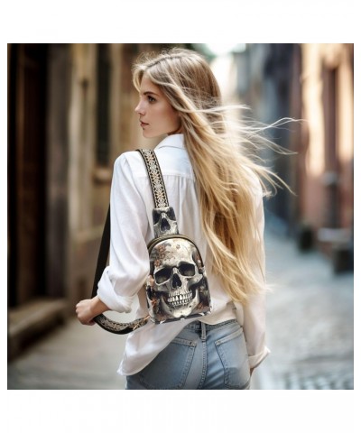 Women's Sling Bag Vintage White Skull Print with Adjustable Strap Zipper Closure, PU Leather Water Resistant Crossbody Bag Pu...