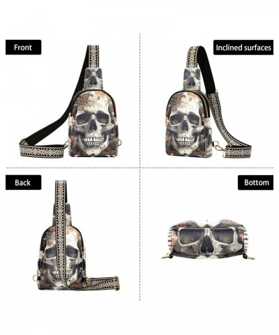 Women's Sling Bag Vintage White Skull Print with Adjustable Strap Zipper Closure, PU Leather Water Resistant Crossbody Bag Pu...