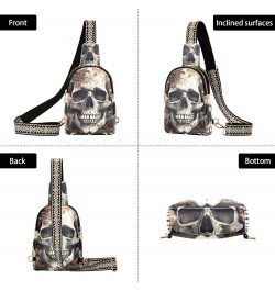 Women's Sling Bag Vintage White Skull Print with Adjustable Strap Zipper Closure, PU Leather Water Resistant Crossbody Bag Pu...