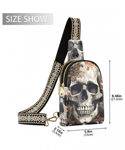 Women's Sling Bag Vintage White Skull Print with Adjustable Strap Zipper Closure, PU Leather Water Resistant Crossbody Bag Pu...