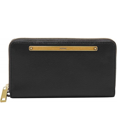 Women's Liza Leather Zip Around Clutch Wallet With Retractable Wristlet Strap for Women Black W/ Brass $37.37 Wristlets