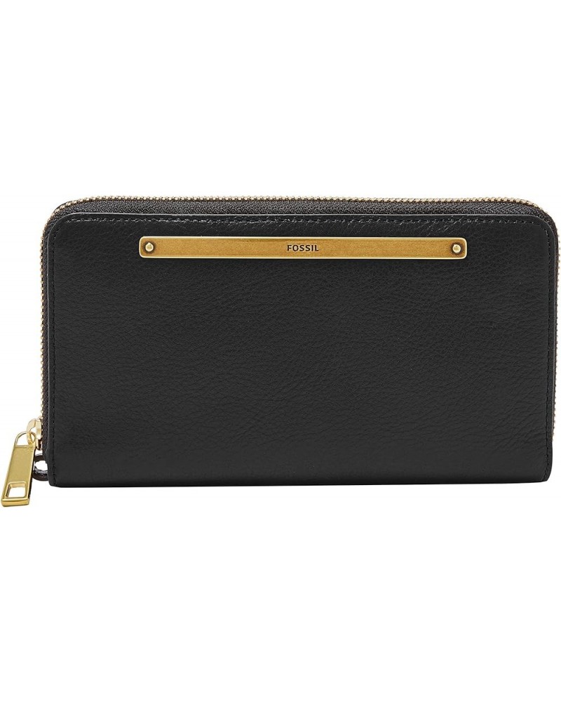 Women's Liza Leather Zip Around Clutch Wallet With Retractable Wristlet Strap for Women Black W/ Brass $37.37 Wristlets