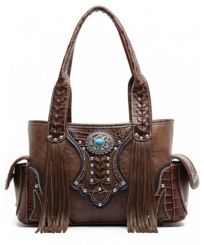 Western Handbag - Classic Concho Embossed Concealed Carry Shoulder Bag with Fringe Brown $24.57 Shoulder Bags