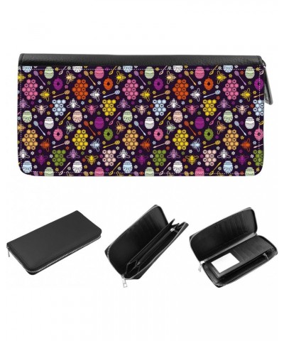 Women's Zip Around Wallet and Phone Clutch - RFID Blocking with Card Holder Organizer - Colorful pattern with bees and honey ...