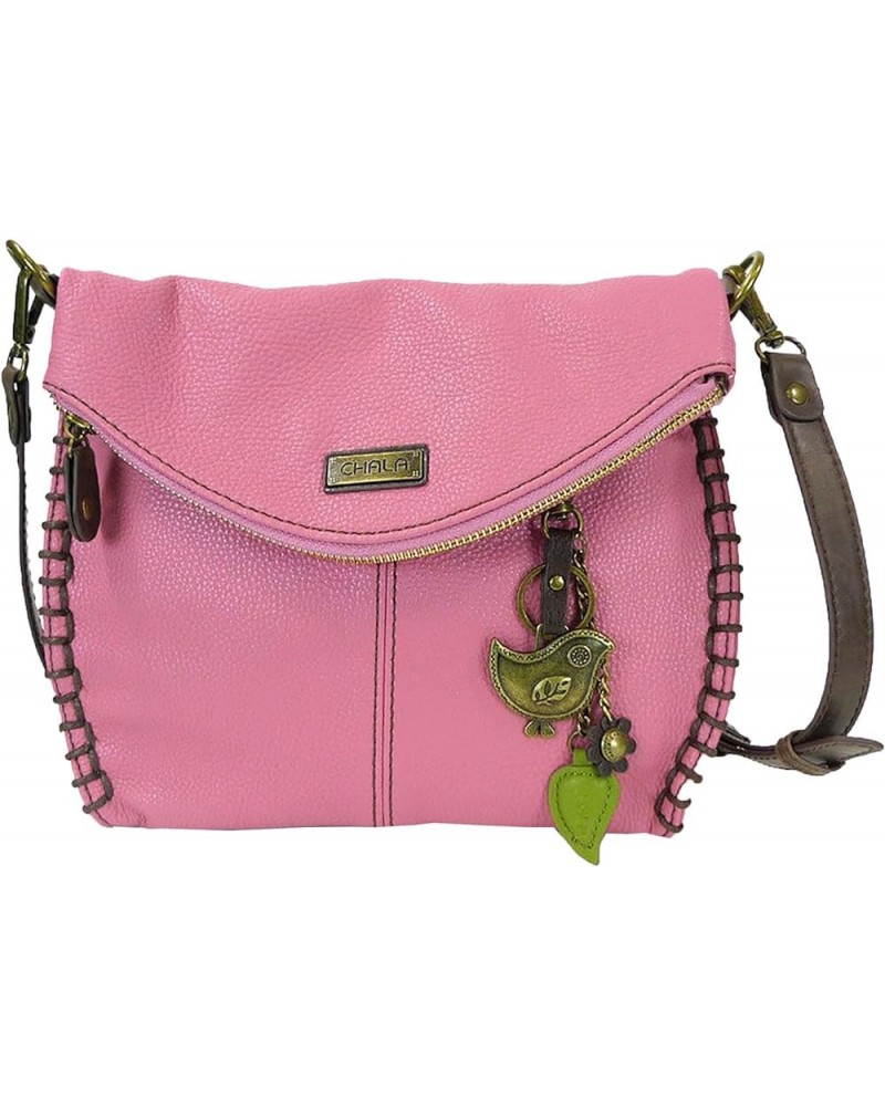 Charming Crossbody Bag With Flap Top | Flap and Zipper Cross-Body Purse or Shoulder Handbag with Metal Chain - Pink Metal Bir...