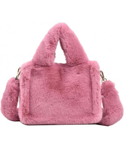 Soft Plush Tote Solid Color Square Crossbody Bag Female Winter Daily Bag Women Fluffy Satchel Bag Pink $26.35 Crossbody Bags