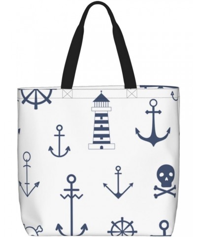 Women'S Soft Tote Shoulder Bag Navy-Nautical-Symbols Foldable Travel Purse With Zipper Closure $13.08 Totes