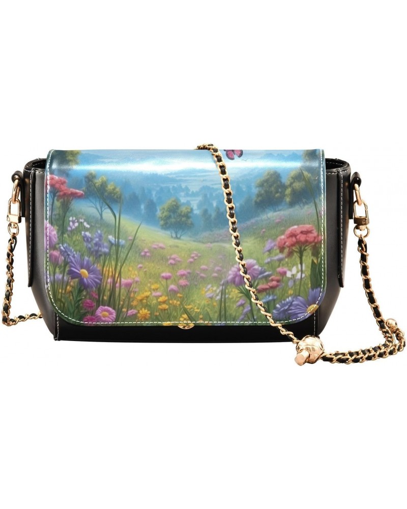 Meadow Flowers Butterflies Leather Crossbody Bag for Women Small Handbag with Chain Strap, Flip-Top Crossbody Purse $23.19 Cr...