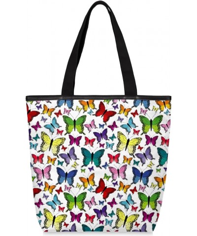 Butterfly Colorful Canvas Tote Bag for Women Butterfly Shoulder Bag Canvas Handbags Purse with Zipper Pockets College Book To...