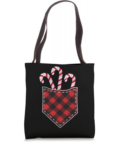 Candy Cane in Pocket Tee Funny Vintage Red Plaid Christmas Tote Bag $9.65 Totes