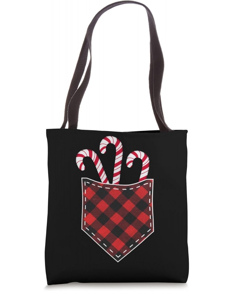 Candy Cane in Pocket Tee Funny Vintage Red Plaid Christmas Tote Bag $9.65 Totes