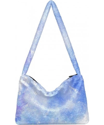 Chic Blue Tie Dye Fluffy Crossbody Bag Furry Tote Bags for Women Fuzzy Purse Handbag Lady Shoulder Bag Large Plush Bag with Z...