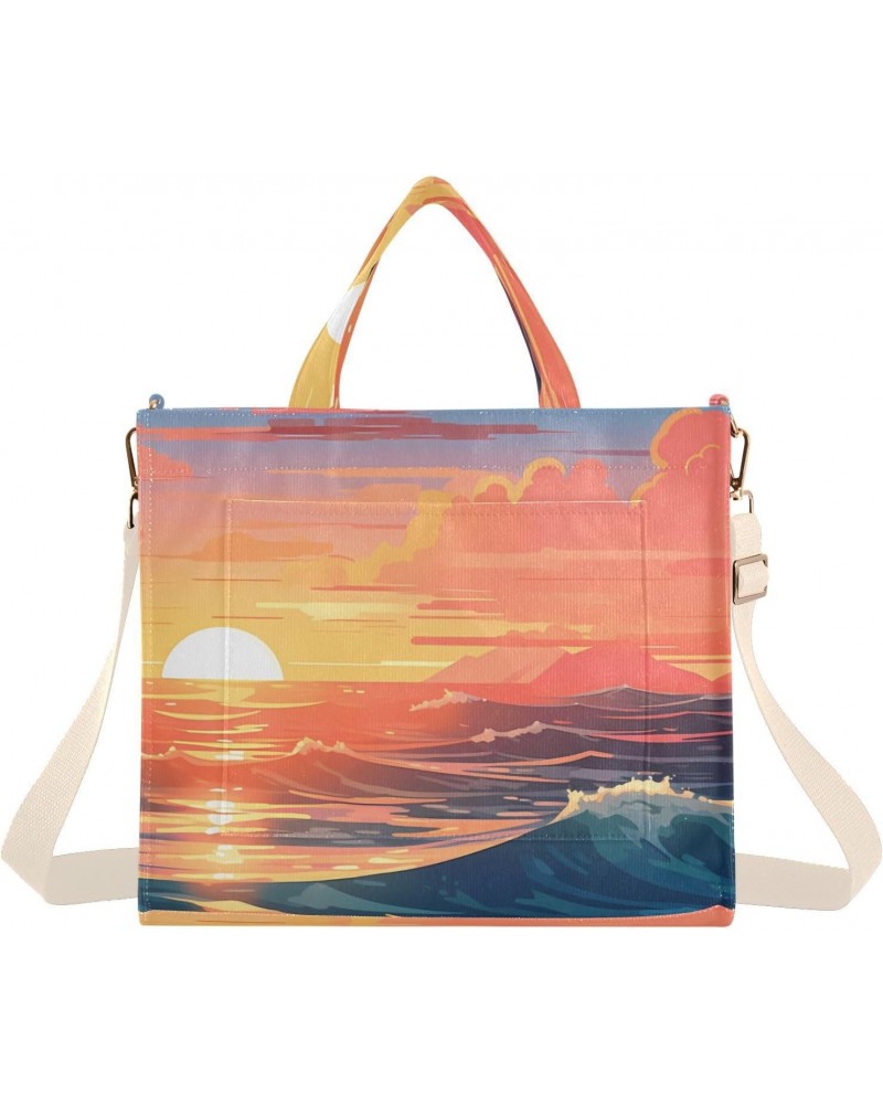 Corduroy Tote Bag Sea Scenery Sunset Cross Body Bag for Women Casual with Magnetic Clasp $15.04 Totes