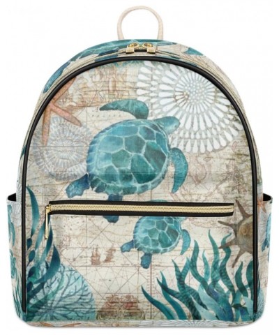 Ocean Turtle Mini Backpack Purse for Women Teen Girls, Sea Beach Turtle Leather Small Backpack Lightweight Casual Travel Dayp...