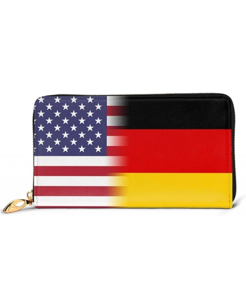 American Flag And British Flag Ladies Long Wallet Genuine Cowhide Zip Closure Card Slot Wallet American Flag And German Flag ...