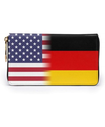 American Flag And British Flag Ladies Long Wallet Genuine Cowhide Zip Closure Card Slot Wallet American Flag And German Flag ...