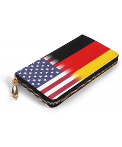 American Flag And British Flag Ladies Long Wallet Genuine Cowhide Zip Closure Card Slot Wallet American Flag And German Flag ...