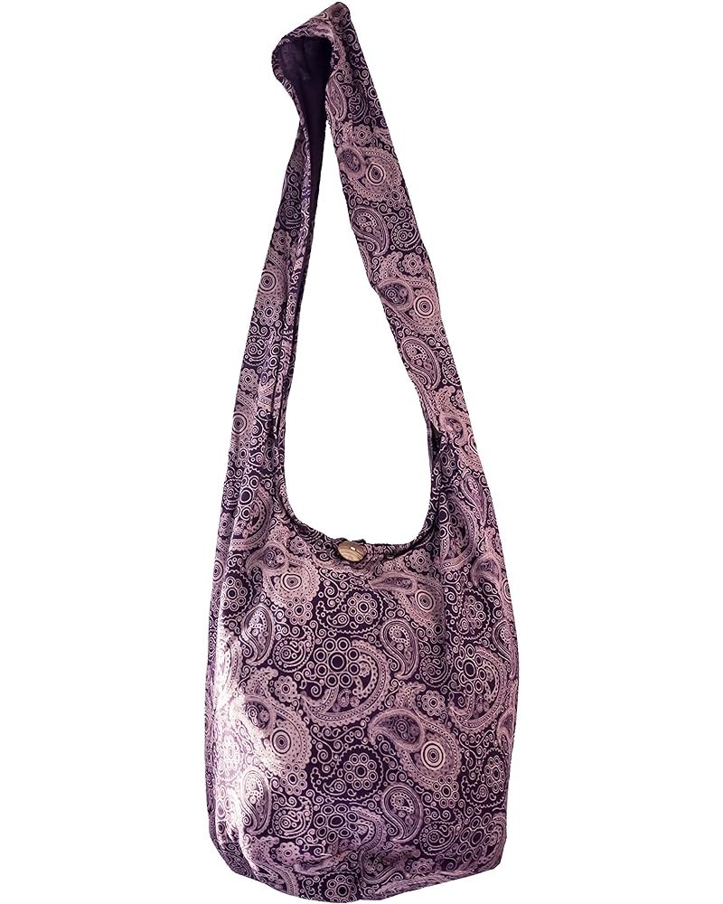 Sling Bag Cotton - Large Boho Hippie Hobo Handbag - 40 Prints - unisex Crossbody Bag (Paisley-purple) $10.99 Hobo Bags