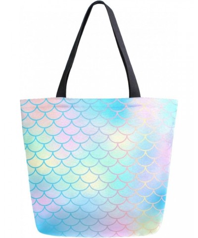 Candy Color Magic Mermaid Fish Scale Pattern Extra Large Utility Canvas Shoulder Tote Bag for Gym Beach Travel Shopping Yoga ...