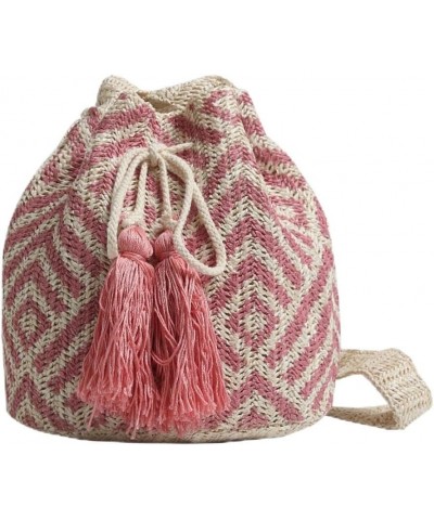 Women's Boho Bucket Straw Woven Bag Shoulder Beach Bag With Candy Colours Pink $17.50 Shoulder Bags