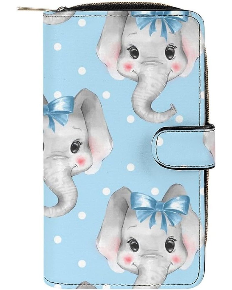 Blue Wallets for Women, Print Cute Elephant Pattern Womens Wallet with Multiple Card Slots and Cellphone Compartment-Birthday...