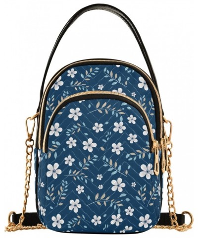 Retro Blue Floral Print Women's Crossbody Handbags with Zipper, Casual Leather Cell Phone Purse Crossbody Bags for Ladies $10...