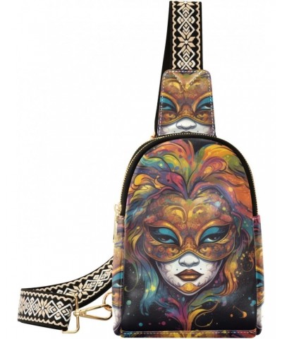 Venetian Mask Print Women Sling Bag with Adjustable Strap Zipper Closure, PU Leather Water Resistant Crossbody Bag Purse Ches...