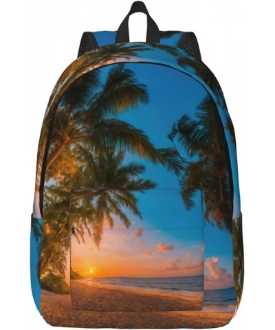 Sunset Hawaiian Palm Tree Print Unisex Canvas Bag Canvas Shoulder Pouch Pack Lightweight Backpack For Woman Lady Black Medium...