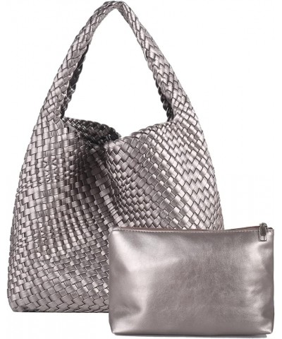 Woven Vegan Leather Hobo Tote Handbag for Women Fashion Handwoven Top-handle Soft Shoulder Bag with Purse Silver $26.39 Totes