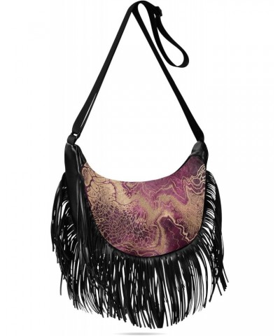 Gold Purple Marble Texture Fringe Bag for Women Cross Body Bag Tassel Shoulder Bag Satchel $11.34 Crossbody Bags