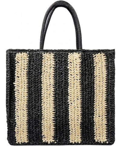 Women's Stripe Stitching Large Capacity Straw Bag, Summer Beach Rattan Woven Shoulder Bag Tote Bag Black $26.64 Totes