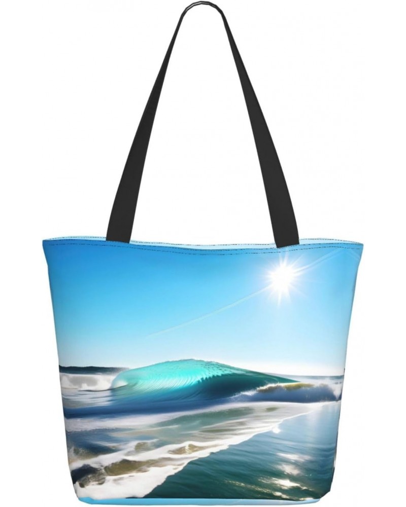 Clear Sky Wave Beach Tote Bag with Zipper for Women Inside Mesh Pocket Heavy Duty Casual Anti-water Cloth Shoulder Handbag Ou...