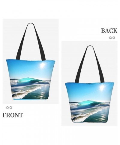 Clear Sky Wave Beach Tote Bag with Zipper for Women Inside Mesh Pocket Heavy Duty Casual Anti-water Cloth Shoulder Handbag Ou...