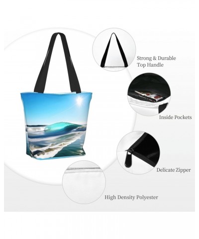 Clear Sky Wave Beach Tote Bag with Zipper for Women Inside Mesh Pocket Heavy Duty Casual Anti-water Cloth Shoulder Handbag Ou...