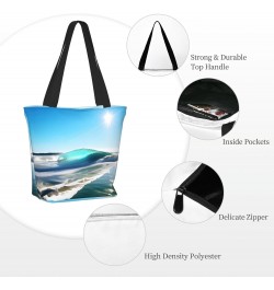 Clear Sky Wave Beach Tote Bag with Zipper for Women Inside Mesh Pocket Heavy Duty Casual Anti-water Cloth Shoulder Handbag Ou...