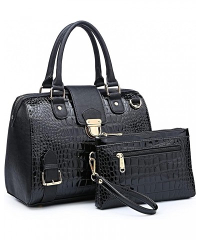 Women Barrel Handbags Purses Fashion Satchel Bags Top Handle Shoulder Bags Vegan Leather Work Bag Crocodile Black $55.10 Totes