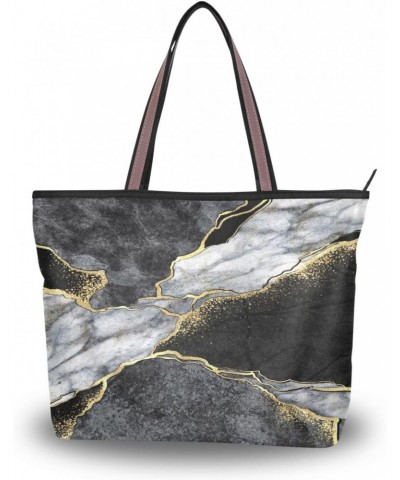 Womens Tote Bag, Abstract Black White Gold Marble Ladies Zip Shoulder Handbags $9.60 Shoulder Bags