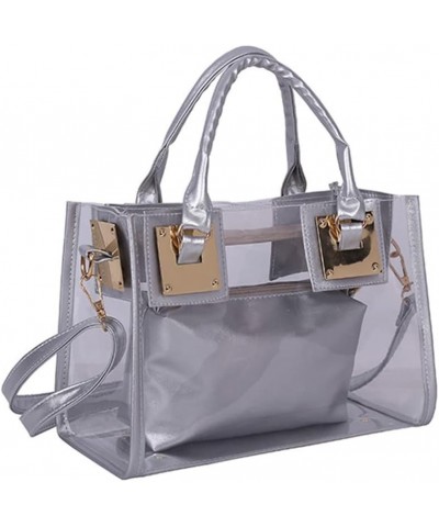 Women Fashion 2Pcs Clear Tote Handbag Transparent PVC Summer Jelly Bag Cute Shoulder Crossbody Bag Black Silver $31.76 Totes