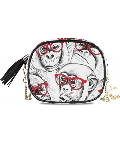 Small Crossbody Bag Monkey in Red Glasses Womens Shoulder Chain Bag PU Leather Small Purse With Tassel $11.04 Shoulder Bags