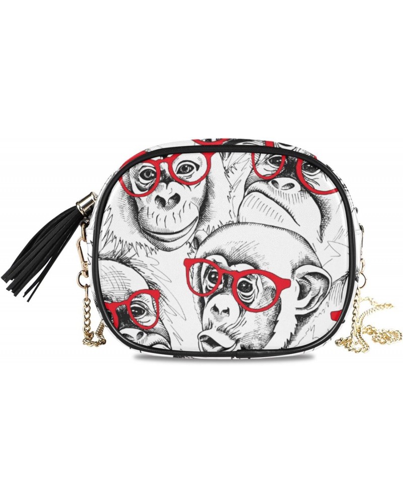 Small Crossbody Bag Monkey in Red Glasses Womens Shoulder Chain Bag PU Leather Small Purse With Tassel $11.04 Shoulder Bags