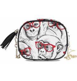 Small Crossbody Bag Monkey in Red Glasses Womens Shoulder Chain Bag PU Leather Small Purse With Tassel $11.04 Shoulder Bags