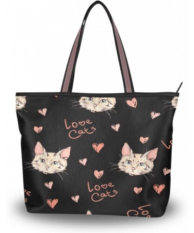 Womens Tote Bag, Cat Heart Vintage Ladies Zip Shoulder Handbags $14.15 Shoulder Bags