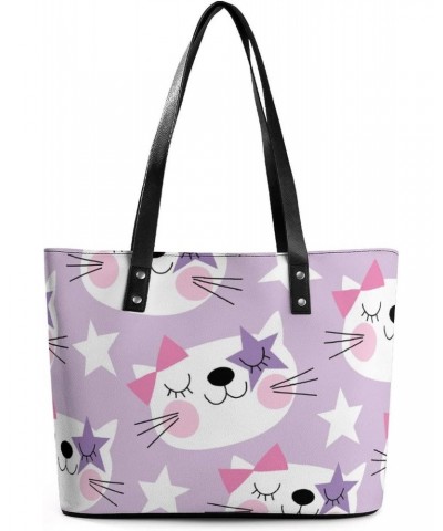 Womens Handbag Cat And Stars Pattern Leather Tote Bag Top Handle Satchel Bags For Lady $19.59 Totes