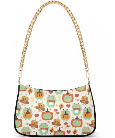 Women Chain Shoulder Purse Bag With Zipper Cute Frogs Print, Pumpkin Autumn Hearts Hobo Tote Clutch Handbags with Chain Strap...