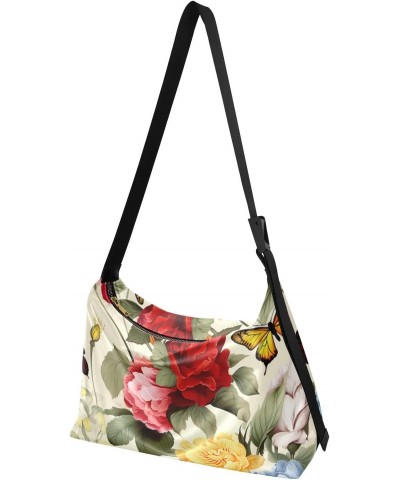 Red Floral Butterflies Hobo Shoulder Bag for Women Men PU Leather Crossbody Bag Slouchy Tote Handbags for Traveling Working S...