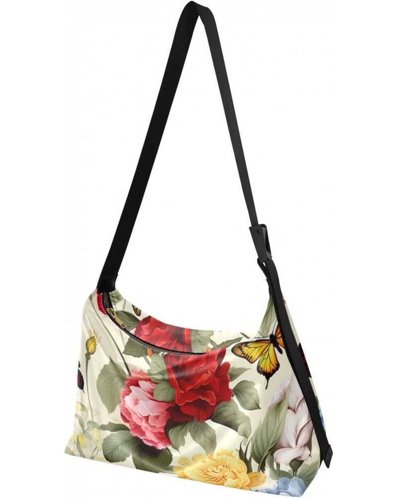 Red Floral Butterflies Hobo Shoulder Bag for Women Men PU Leather Crossbody Bag Slouchy Tote Handbags for Traveling Working S...