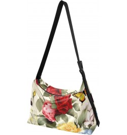 Red Floral Butterflies Hobo Shoulder Bag for Women Men PU Leather Crossbody Bag Slouchy Tote Handbags for Traveling Working S...