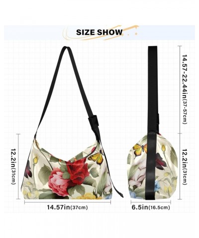 Red Floral Butterflies Hobo Shoulder Bag for Women Men PU Leather Crossbody Bag Slouchy Tote Handbags for Traveling Working S...