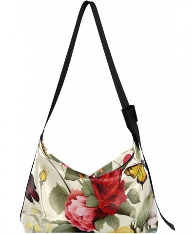 Red Floral Butterflies Hobo Shoulder Bag for Women Men PU Leather Crossbody Bag Slouchy Tote Handbags for Traveling Working S...