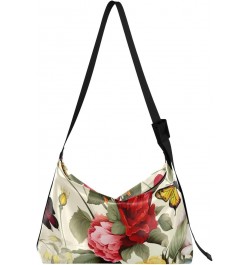 Red Floral Butterflies Hobo Shoulder Bag for Women Men PU Leather Crossbody Bag Slouchy Tote Handbags for Traveling Working S...